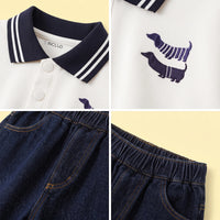 Boys White Graphic Polo Sweatshirt With Denim Pants Sets Sets
