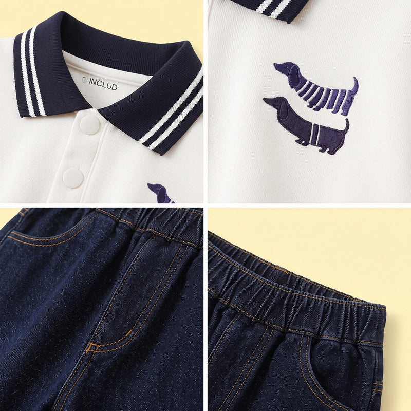 Boys White Graphic Polo Sweatshirt With Denim Pants Sets Sets
