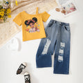 Girls Yellow Graphics Top With Distressed Denim Pants Set Sets Yellow 3-4 Y