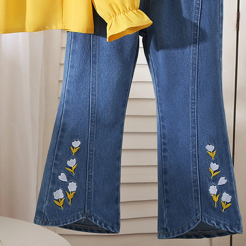Girls Yellow Long Sleeve Top With Denim Pants Sets 2 pc. Sets
