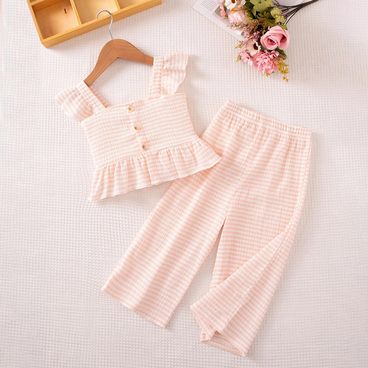Girls Pink Stripes Sleeveless Top With Pants Co-ord Sets Sets Pink 1-2 Y