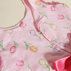Girls Pink Floral Fit & Flare Schiffli Dress With flower Satin Belt Casual Dresses