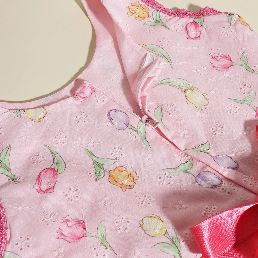 Girls Pink Floral Fit & Flare Schiffli Dress With flower Satin Belt Casual Dresses