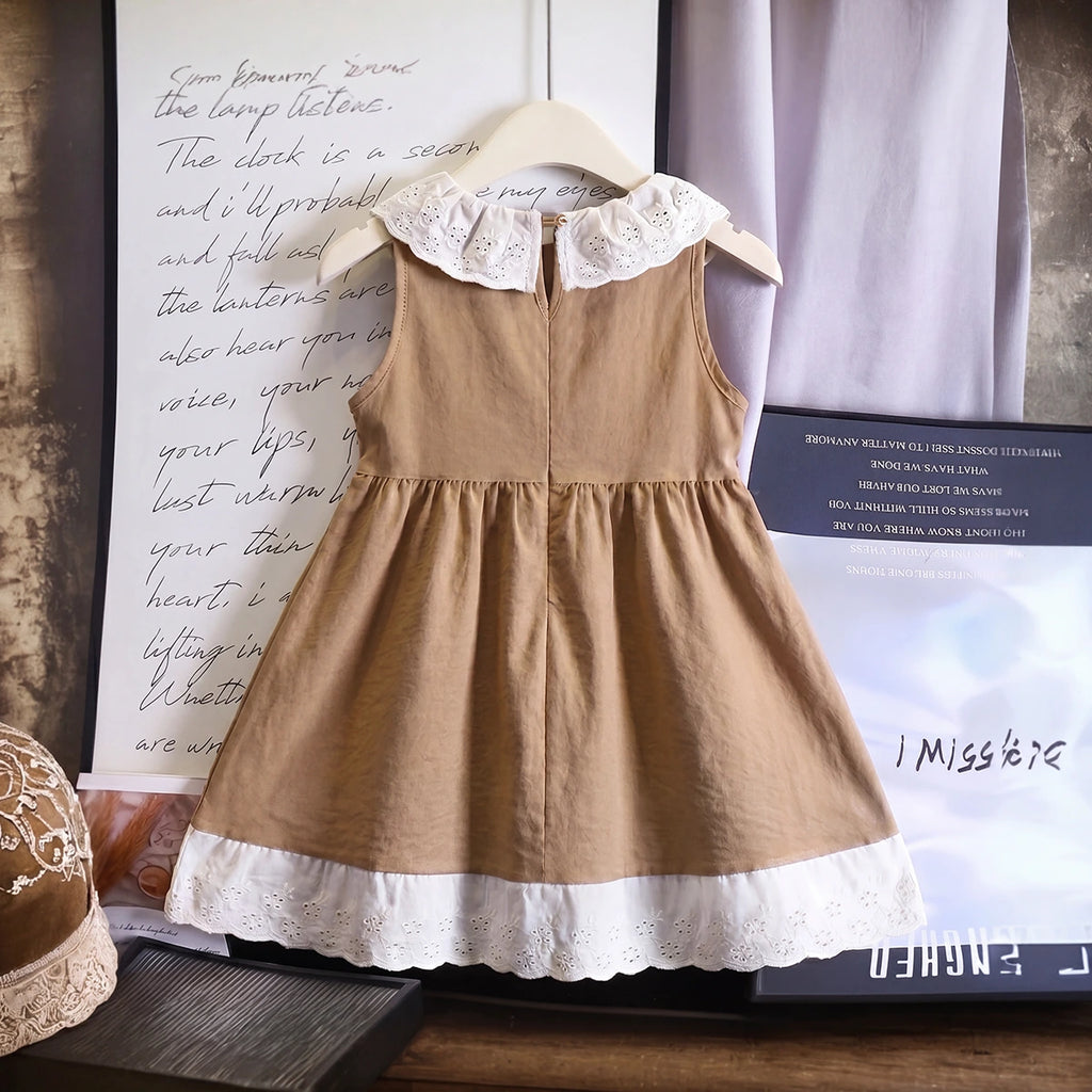 Girls Brown Sleeveless Fit & Flare Dress With Lace Hem Casual Dresses