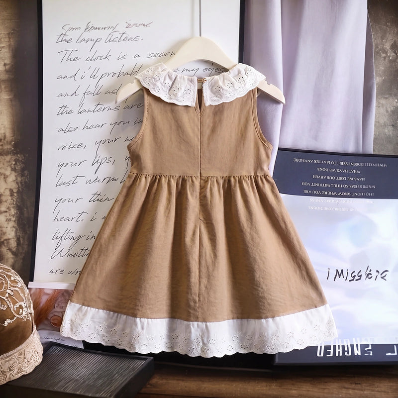 Girls Brown Sleeveless Fit & Flare Dress With Lace Hem Casual Dresses
