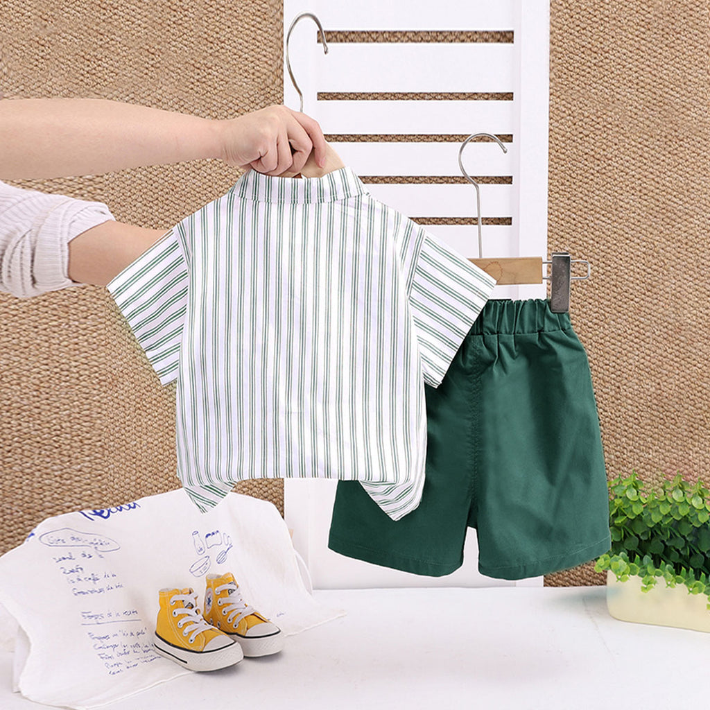 Boys Green Striped Short Sleeve Shirt With Shorts Set 2 pc. Sets