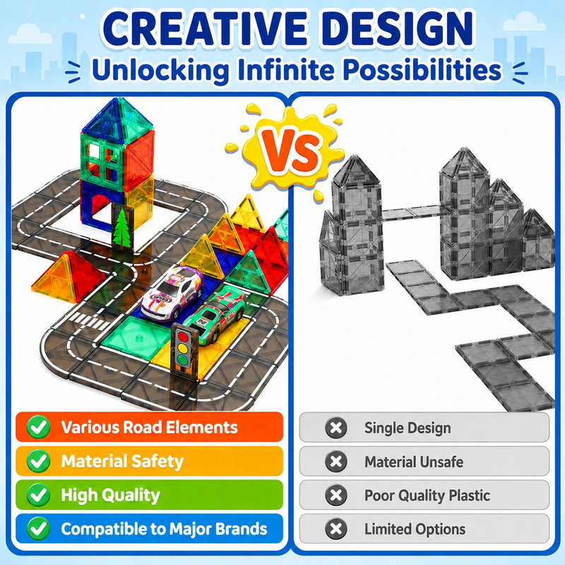 Multicolour 3D Magnetic Tiles Construction Vehicle Set with Road Tracks Trending Accessories