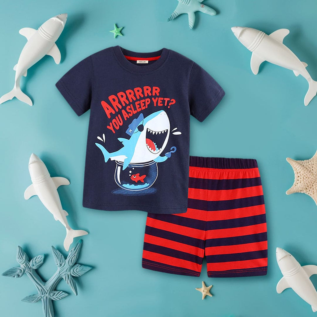Boys Shark Graphic T-shirt With Striped Shorts Set