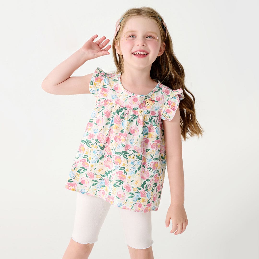 Girls Floral Print Top with Solid Shorts Set Sets   