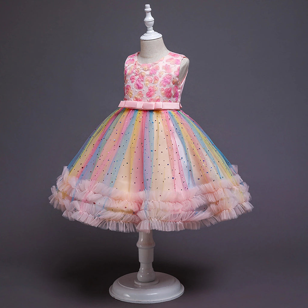 Girls Multicolour Heart Applique Fit & Flare Party Wear Dress Party Dresses