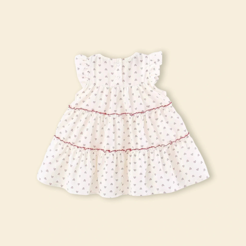 Girls White All-over Bow Printed Tiered A-line Dress Casual Dresses