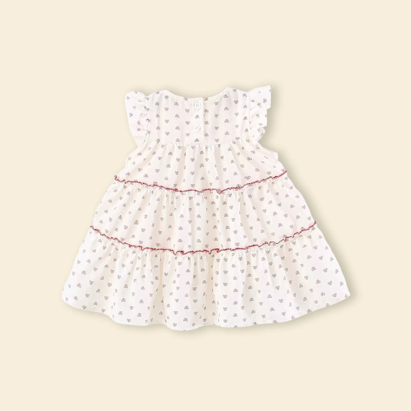 Girls White All-over Bow Printed Tiered A-line Dress Casual Dresses