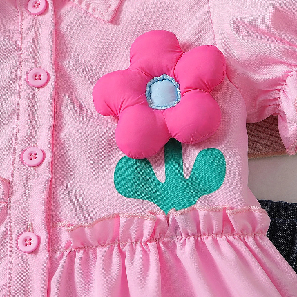 Girls Pink Flower applique Puff Sleeve Peplum Top With Denim Shorts Sets 2 pc. Sets