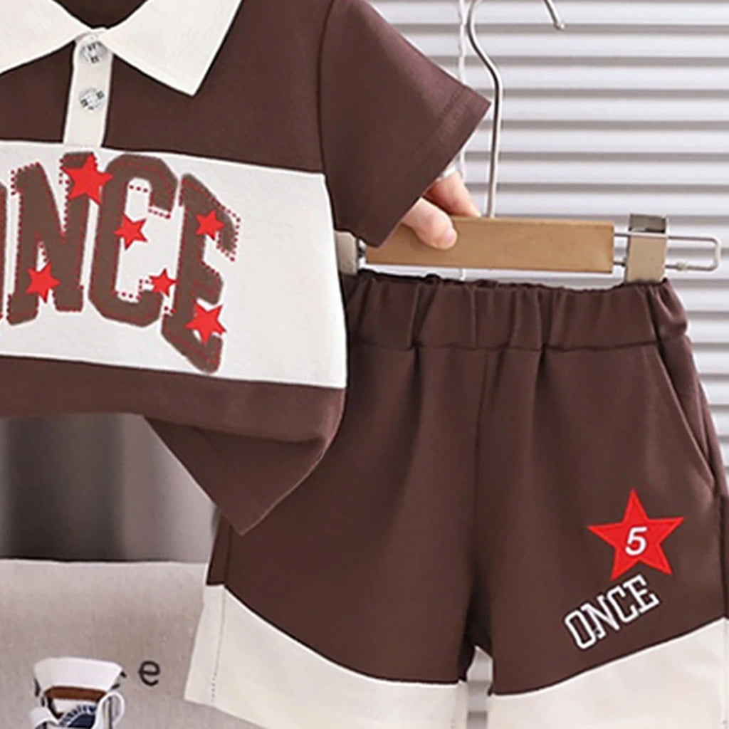 Boys Brown Typographic Polo T-Shirt With Elasticated Shorts Sets 2 pc. Sets