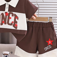 Boys Brown Typographic Polo T-Shirt With Elasticated Shorts Sets 2 pc. Sets