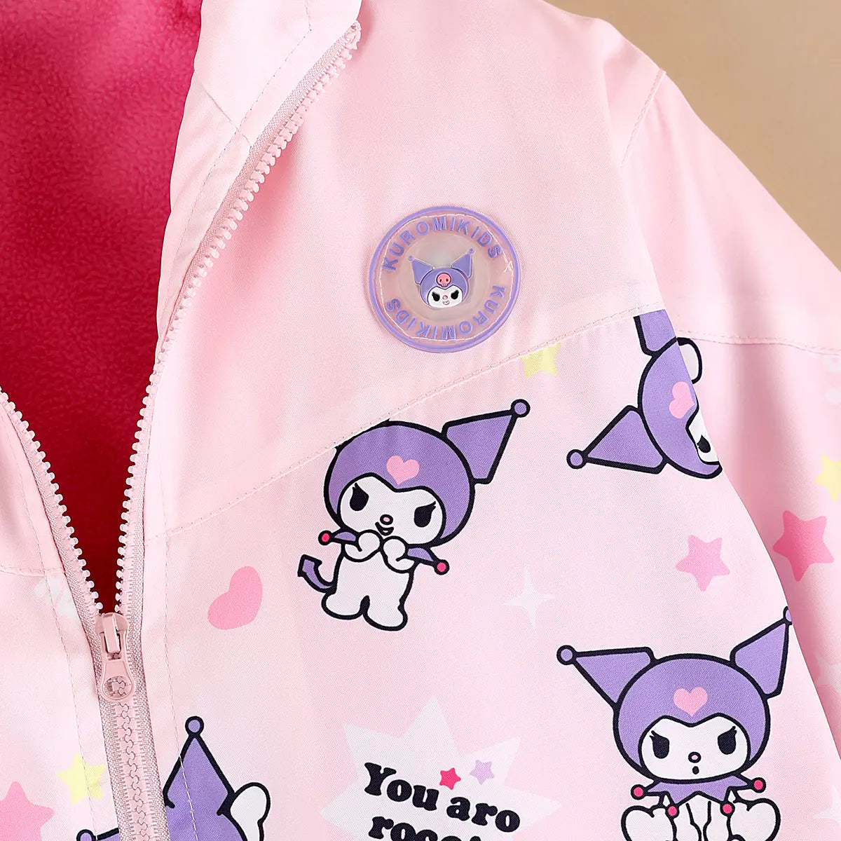 Girls Light Pink Kuromi Cartoon Printed Hooded Zipper Jacket Coats & Jackets
