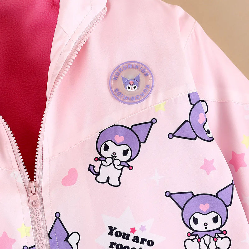 Girls Light Pink Kuromi Cartoon Printed Hooded Zipper Jacket Coats & Jackets