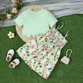Girls Mint Green Floral Sleeveless SunDress With Short Sleeves Crop Top Casual Dresses
