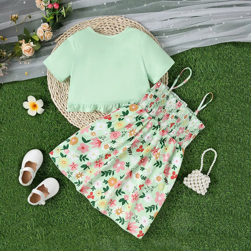 Girls Mint Green Floral Sleeveless SunDress With Short Sleeves Crop Top Casual Dresses