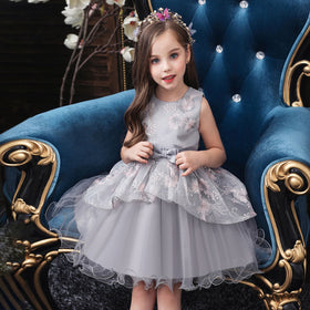 Girls Grey Sleeveless Embroidered Party Wear Balloon Dress Party Dresses