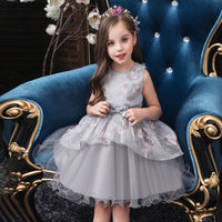 Girls Grey Sleeveless Embroidered Party Wear Balloon Dress Party Dresses