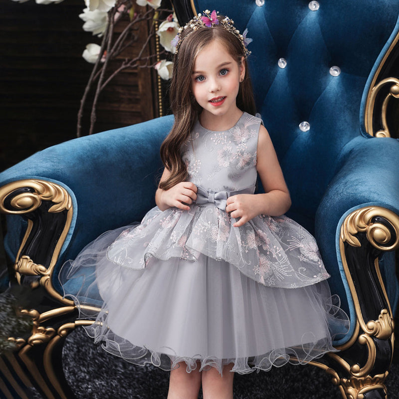 Girls Grey Sleeveless Embroidered Party Wear Balloon Dress Party Dresses