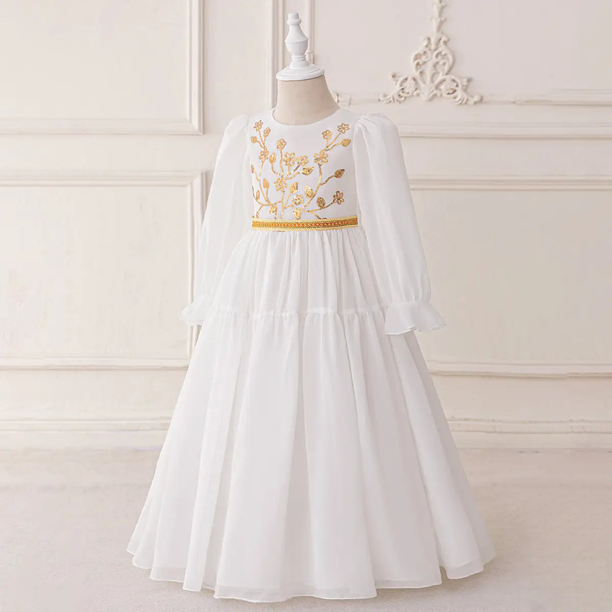 Girls White Puff Sleeves Maxi Dress With Floral Golden Embroidery Casual Dresses