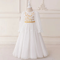 Girls White Puff Sleeves Maxi Dress With Floral Golden Embroidery Casual Dresses