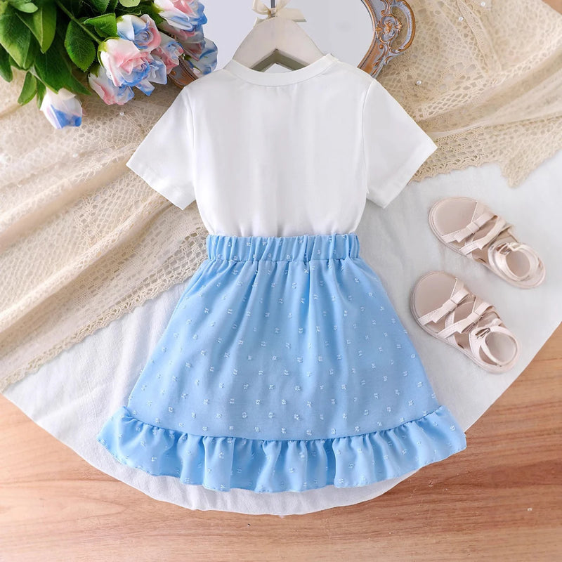 Girls White Bow Applique Short Sleeve Top With Skirt Sets 2 pc. Sets