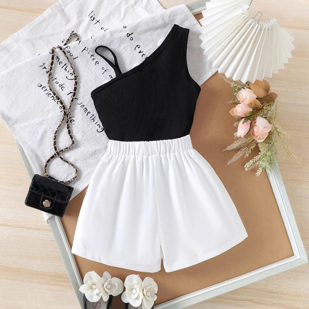 Girls Black Floral Applique One-Shoulder Top With Shorts Sets 2 pc. Sets