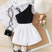 Girls Black Floral Applique One-Shoulder Top With Shorts Sets 2 pc. Sets