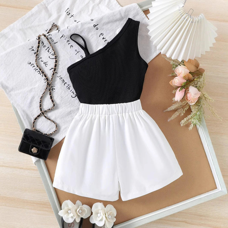 Girls Black Floral Applique One-Shoulder Top With Shorts Sets 2 pc. Sets