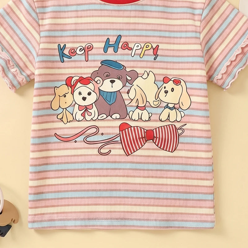 Girls Multicolor Puppy Striped Print Short Sleeve T-Shirt Tshirts