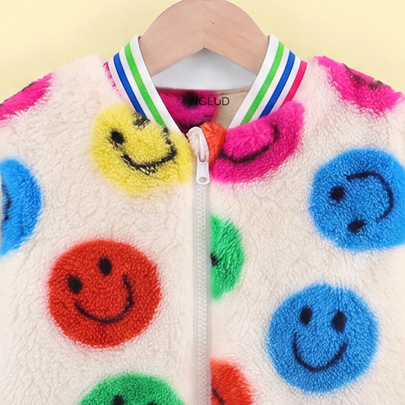 Girls Multicolour Smiley Print Long Sleeve Jacket With Skirt Sets 2 pc. Sets
