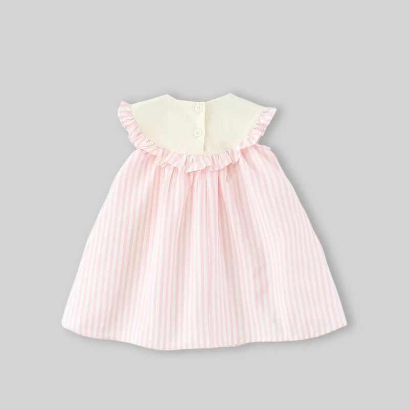 Girls Pink Stripes Sleeveless A-line Dress With Seaboat Embroidery Casual Dresses