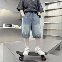 Boys Light Blue Graphic Print Loose Fit Denim Shorts Shorts