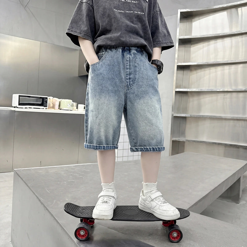 Boys Light Blue Graphic Print Loose Fit Denim Shorts Shorts