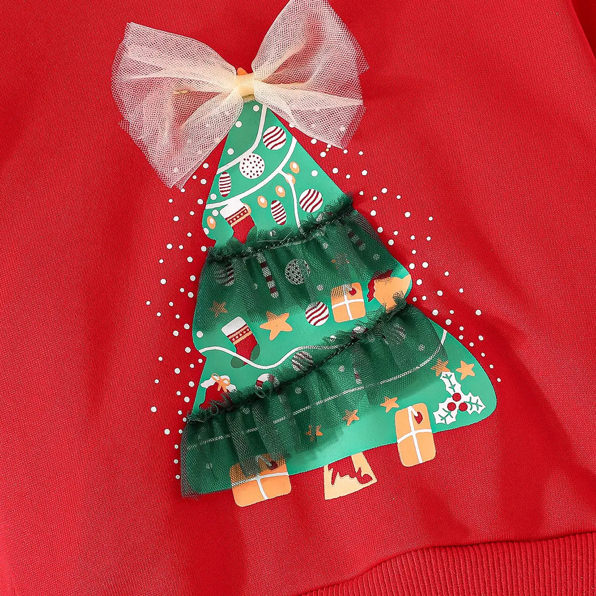 Girls Red Christmas Tree Printed Sweatshirt Dress With Bow Applique Casual Dresses