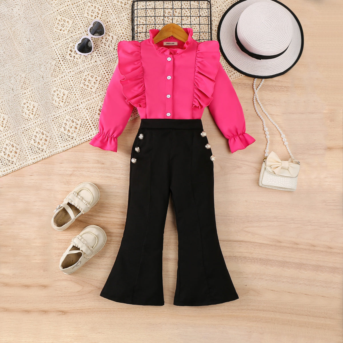 Girls Fuchsia Long Sleeves Ruffled Neck Top With Pants Set 2 pc. Sets