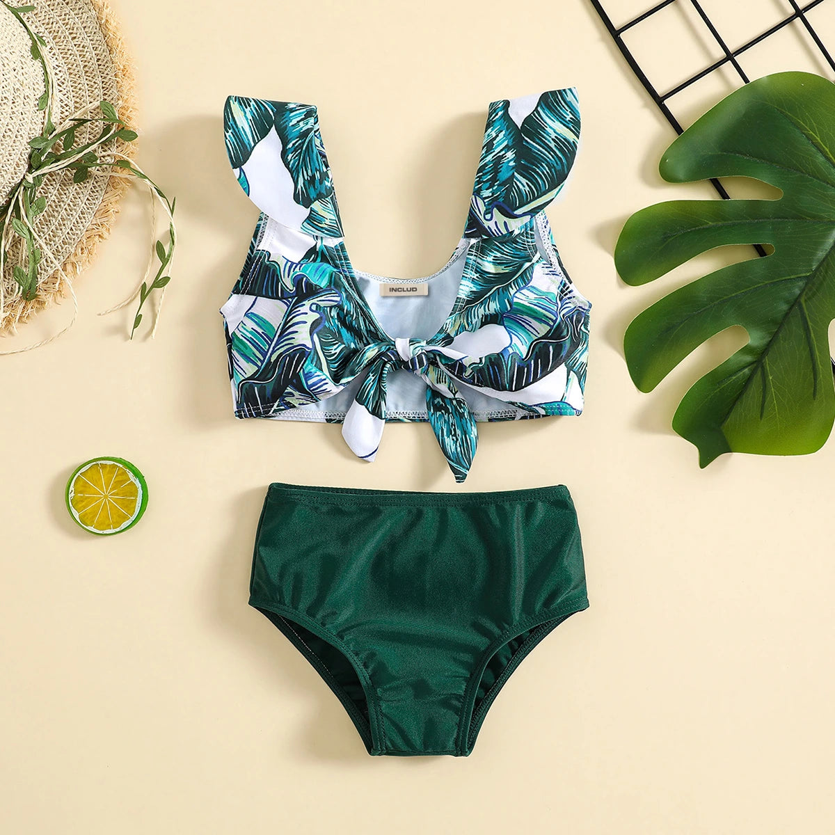 Girls Dark Green Tropical Printed Sleeveless Top With Briefs Swimwear Sets Sets
