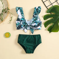 Girls Dark Green Tropical Printed Sleeveless Top With Briefs Swimwear Sets Sets