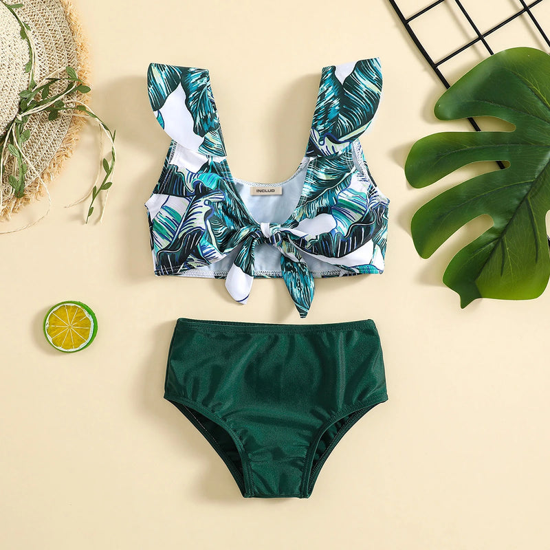 Girls Dark Green Tropical Printed Sleeveless Top With Briefs Swimwear Sets Sets