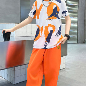 Boys Orange Abstract Printed Summer T-Shirt With Jogger Set 2 pc. Sets