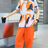 Boys Orange Abstract Printed Summer T-Shirt With Jogger Set 2 pc. Sets