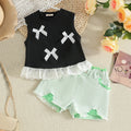 Girls Bow Applique Sleeveless Top With Green Shorts Set Sets Green 2-3 Y