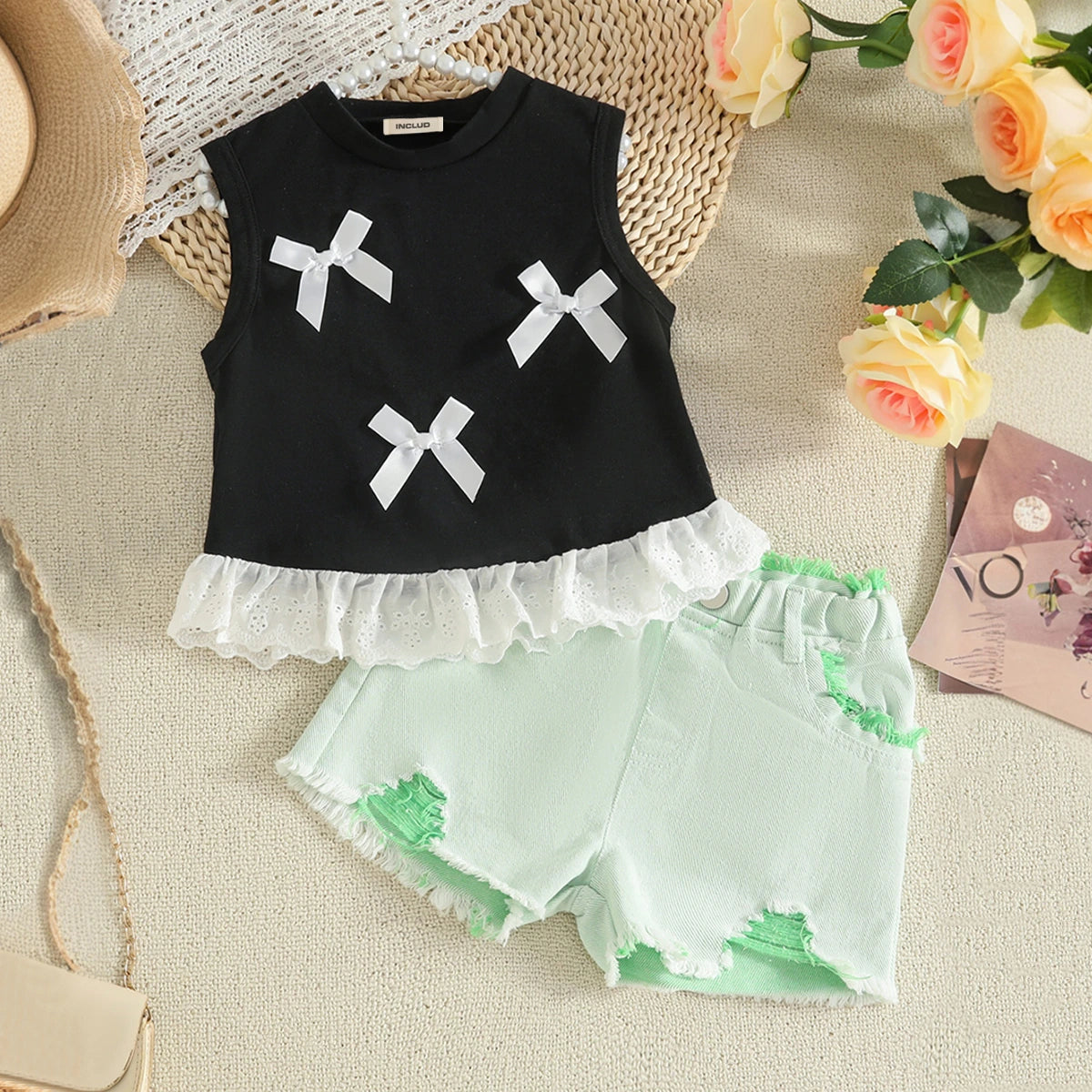 Girls Bow Applique Sleeveless Top With Green Shorts Set Sets Green 2-3 Y