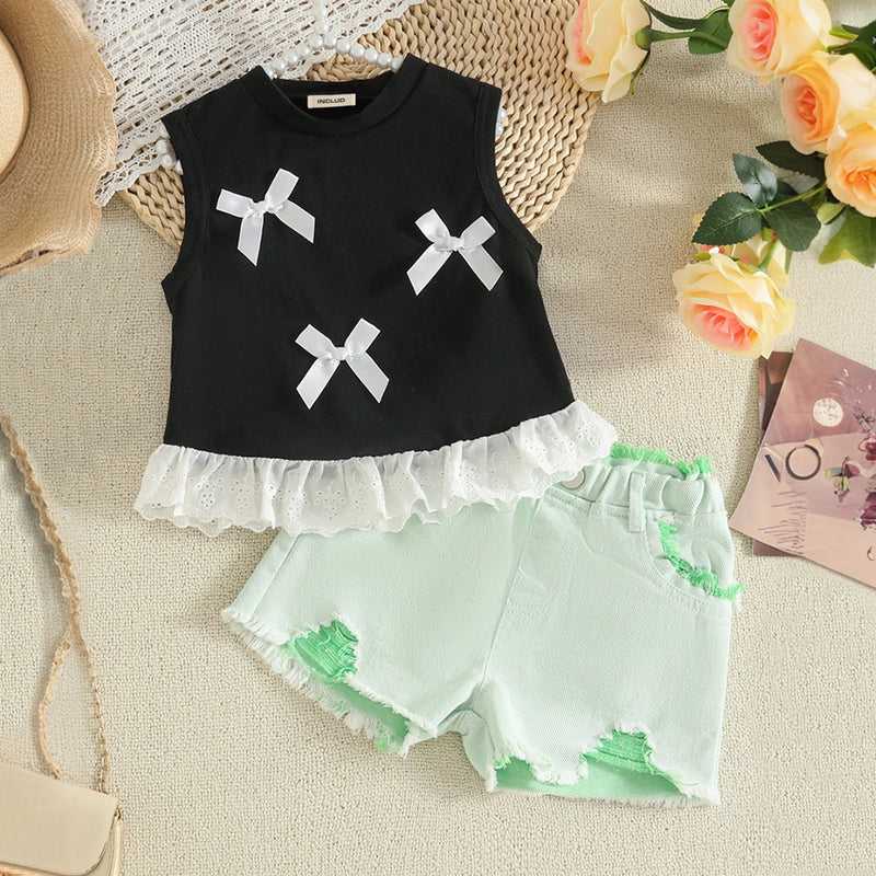Girls Bow Applique Sleeveless Top With Green Shorts Set Sets Green 2-3 Y