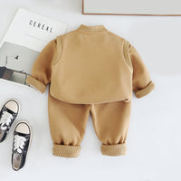 Boys Khaki Cat Face Appliqued Sweatshirt With T-Shirt And Pants Set 3 pc. Sets