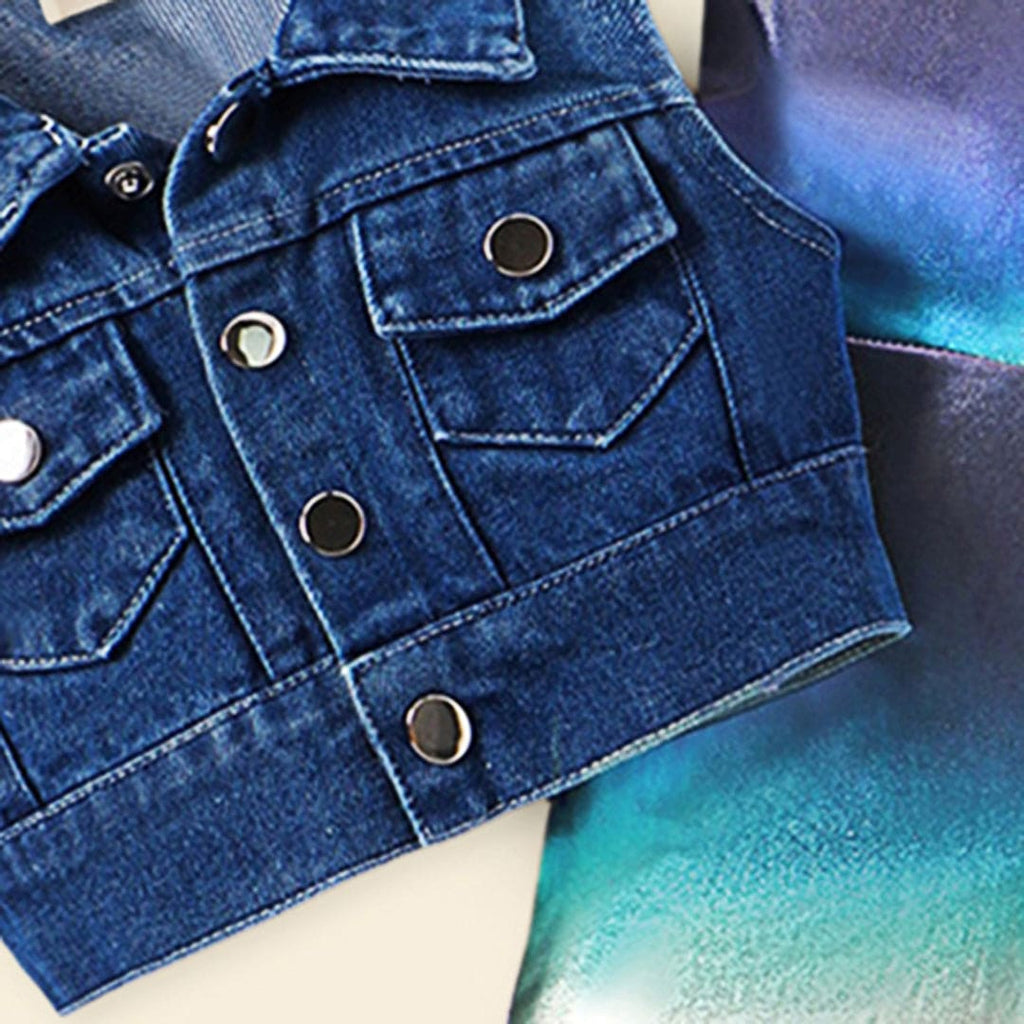 Girls Metallic Jumpsuit with Denim Shrug Set Jumpsuits   