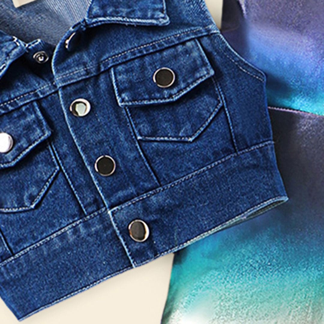 Girls Metallic Jumpsuit with Denim Shrug Set Jumpsuits   